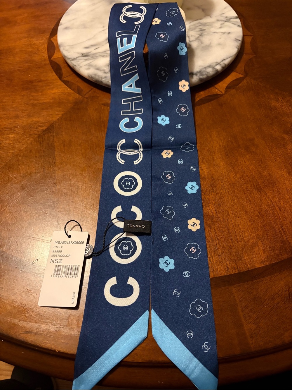 CHANEL Navy & Light Blue Logo Silk Twilly Scarf